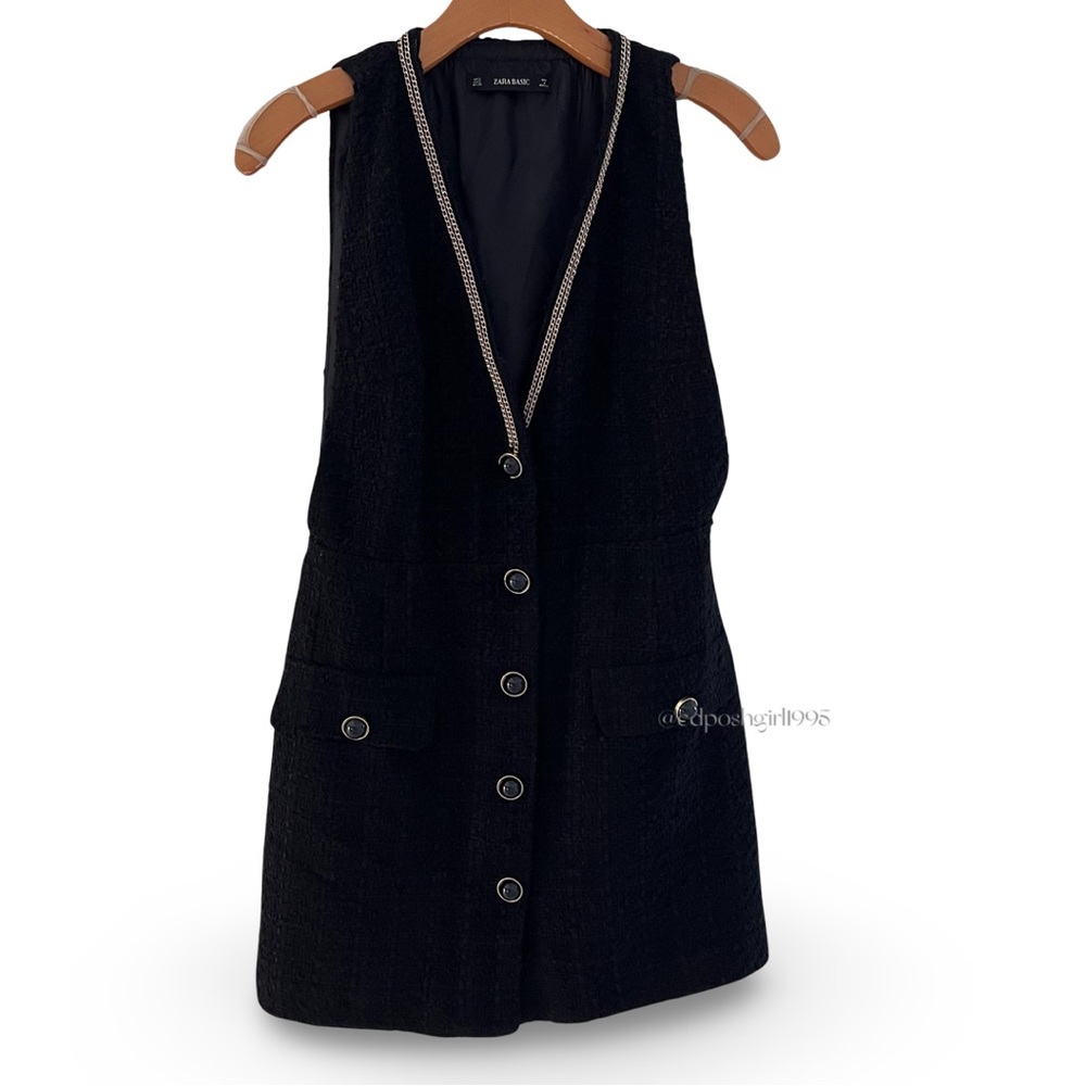 ZARA Bloggers favorite Sz S Boucle Sleeveless Pinafore Button Front Chain Dress